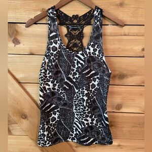 Fashion Exit Black and White Leopard Print Racerback Tank with Lace Back